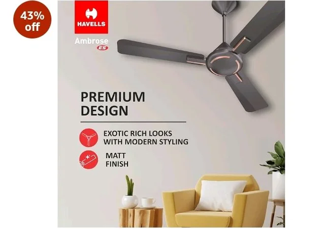 Havells 1200mm Ambrose Energy Saving High Speed Ceiling Fan|Premium Finish, Deco.Fan, Elegant Looks, High Air Delivery| |2 Yr Warranty by Brand | (Pack of 1, Copper