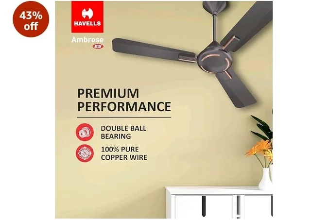 Havells 1200mm Ambrose Energy Saving High Speed Ceiling Fan|Premium Finish, Deco.Fan, Elegant Looks, High Air Delivery| |2 Yr Warranty by Brand | (Pack of 1, Copper