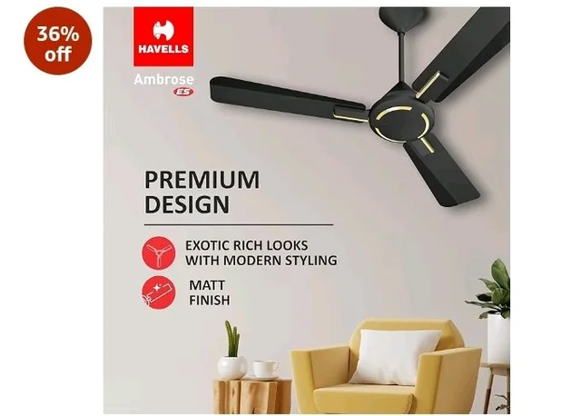 Havells 1200mm Ambrose Energy Saving High Speed Ceiling Fan|Premium Finish, Deco.Fan, Elegant Looks, High Air Delivery| 2 Yr Warranty by Brand | (Pack of 1, Midnight)