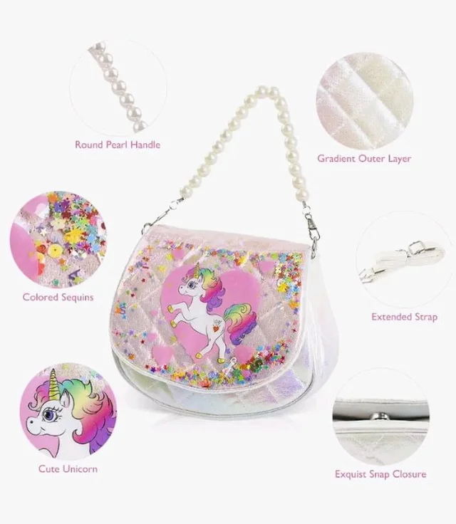 PATPAT Unicorn Sling Bag for Girls, Women & Kids - Pink, Animal Print, Zipper Closure, Beaded Chain & Shoulder Straps, Compact Size (19x9x14 cm), Birthday Gift