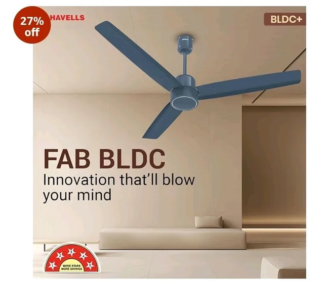 Havells FAB BLDC Ceiling Fan 1200 mm, 380 RPM, Savings upto 65%, Reverse Rotation, 4 Modes (Boost, Sleep, Breeze, Mop), Low Wattage 30 W, Low Noise, Air Flow:235 CMM, 3 Year Warranty, Denim Blue