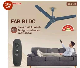 Havells FAB BLDC Ceiling Fan 1200 mm, 380 RPM, Savings upto 65%, Reverse Rotation, 4 Modes (Boost, Sleep, Breeze, Mop), Low Wattage 30 W, Low Noise, Air Flow:235 CMM, 3 Year Warranty, Denim Blue