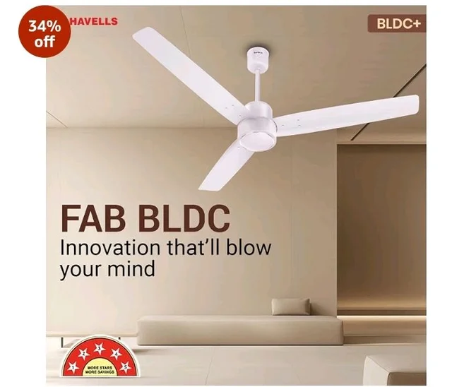 Havells FAB BLDC Ceiling Fan 1200 mm, 380 RPM, Savings upto 65%, Reverse Rotation, 4 Modes (Boost, Sleep, Breeze, Mop), Low Wattage 30 W, Low Noise, Air Flow:235 CMM, 3 Year Warranty, Blush Ivory