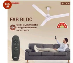 Havells FAB BLDC Ceiling Fan 1200 mm, 380 RPM, Savings upto 65%, Reverse Rotation, 4 Modes (Boost, Sleep, Breeze, Mop), Low Wattage 30 W, Low Noise, Air Flow:235 CMM, 3 Year Warranty, Blush Ivory