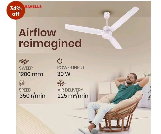 Havells FAB BLDC Ceiling Fan 1200 mm, 380 RPM, Savings upto 65%, Reverse Rotation, 4 Modes (Boost, Sleep, Breeze, Mop), Low Wattage 30 W, Low Noise, Air Flow:235 CMM, 3 Year Warranty, Blush Ivory