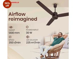 Havells FAB BLDC Ceiling Fan 1200 mm, 380 RPM, Savings upto 65%, Reverse Rotation, 4 Modes (Boost, Sleep, Breeze, Mop), Low Wattage 30 W, Low Noise, Air Flow:235 CMM, 3 Year Warranty,