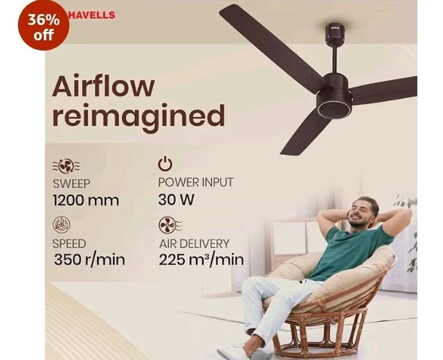 Havells FAB BLDC Ceiling Fan 1200 mm, 380 RPM, Savings upto 65%, Reverse Rotation, 4 Modes (Boost, Sleep, Breeze, Mop), Low Wattage 30 W, Low Noise, Air Flow:235 CMM, 3 Year Warranty,