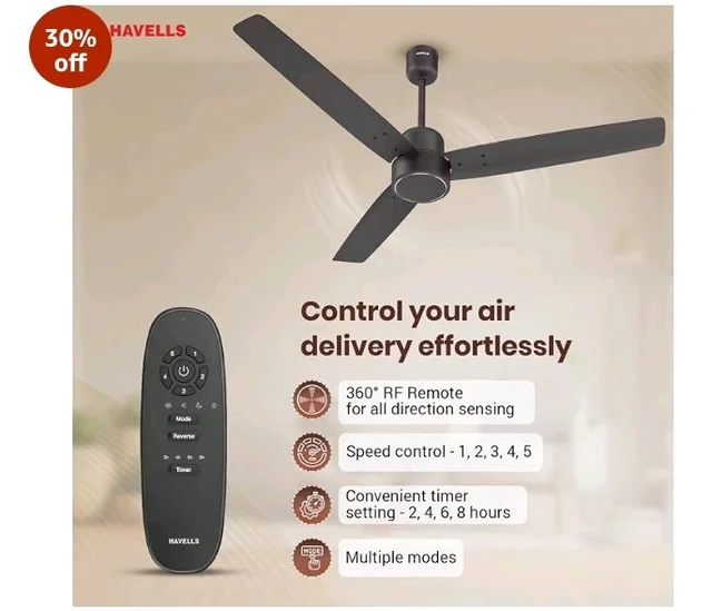 Havells FAB BLDC Ceiling Fan 1200 mm, 380 RPM, Savings upto 65%, Reverse Rotation, 4 Modes (Boost, Sleep, Breeze, Mop), Low Wattage 30 W, Low Noise, Air Flow:235 CMM, 3 Year Warranty, Smoke Brown