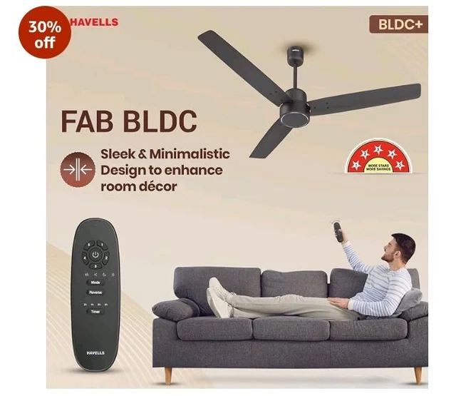 Havells FAB BLDC Ceiling Fan 1200 mm, 380 RPM, Savings upto 65%, Reverse Rotation, 4 Modes (Boost, Sleep, Breeze, Mop), Low Wattage 30 W, Low Noise, Air Flow:235 CMM, 3 Year Warranty, Smoke Brown