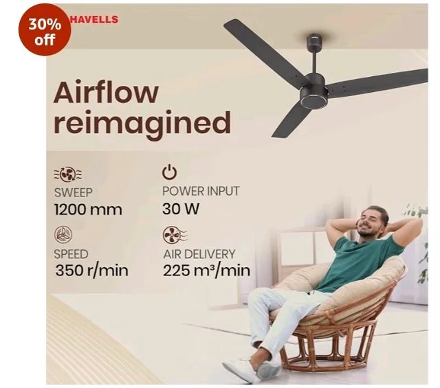 Havells FAB BLDC Ceiling Fan 1200 mm, 380 RPM, Savings upto 65%, Reverse Rotation, 4 Modes (Boost, Sleep, Breeze, Mop), Low Wattage 30 W, Low Noise, Air Flow:235 CMM, 3 Year Warranty, Smoke Brown