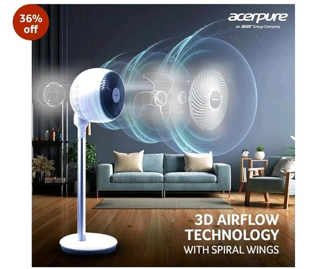Acerpure Cozy F1 Pedestal Fan with Air Circulator |3years warranty | Energy efficient BLDC motor|Remote control| 3D airflow technology|Swing mode|12 speed control and LED display|Whisper-quiet(White)