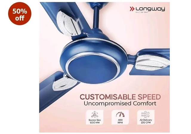 LONGWAY Kiger P1 1200 mm/48 inch Ultra High Speed 3 Blade Anti-Dust Decorative Star Rated Ceiling Fan 2 Years Warranty (Silver Blue, Pack of 1)