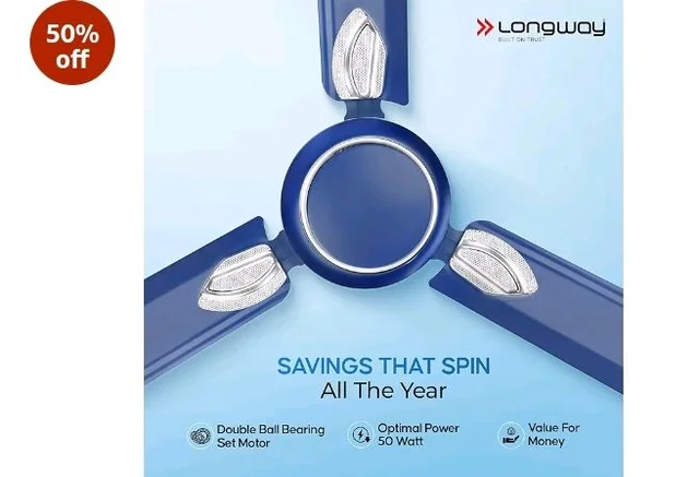 LONGWAY Kiger P1 1200 mm/48 inch Ultra High Speed 3 Blade Anti-Dust Decorative Star Rated Ceiling Fan 2 Years Warranty (Silver Blue, Pack of 1)