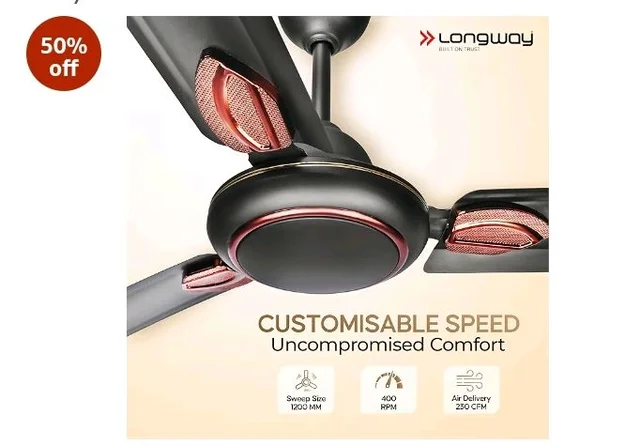 LONGWAY Kiger P1 1200 mm/48 inch Ultra High Speed 3 Blade Anti-Dust Decorative Star Rated Ceiling Fan 2 Years Warranty (Smoked Brown, Pack of 1)