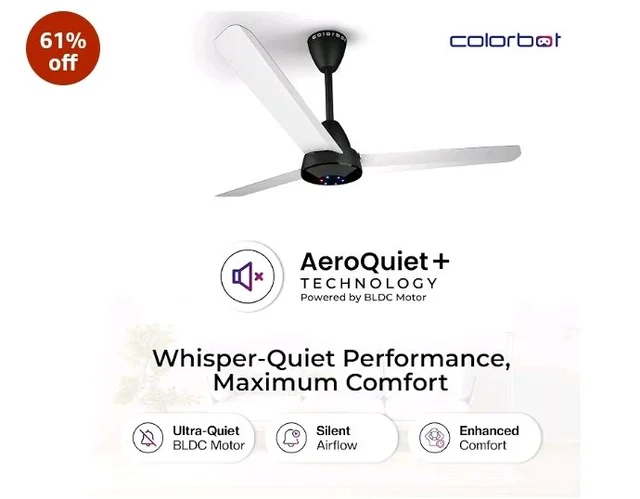 Colorbot Helix BLDC Ceiling Fans 1200mm | BEE 5 Star Rated Power Saver | AeroQuiet+ Technology | 370 RPM | Remote Control (Boost, Timer, LED, Reverse Mode) | 4 Years Warranty (Noir White)