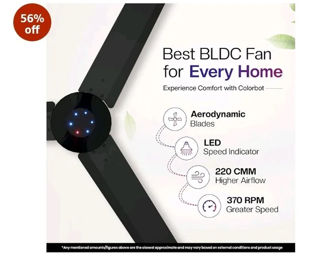 Colorbot Helix BLDC Ceiling Fans 1200mm | BEE 5 Star Rated Power Saver | AeroQuiet+ Technology | 370 RPM | Remote Control (Boost, Timer, LED, Reverse Mode) | 4 Years Warranty (Charcoal Black)