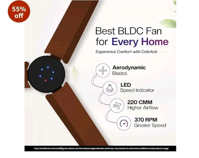 Colorbot Stella BLDC Ceiling Fans 1200mm | BEE 5 Star Rated Power Saver | AeroQuiet+ Technology | 370 RPM | Remote Control (Boost, Timer, LED, Reverse Mode) | 4 Years Warranty (Cocoa Brown