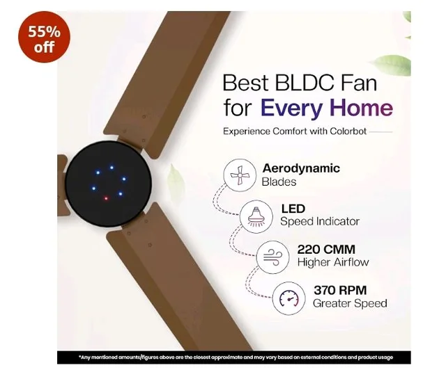 Colorbot Stella BLDC Ceiling Fans 1200mm | BEE 5 Star Rated Power Saver | AeroQuiet+ Technology | 370 RPM | Remote Control (Boost, Timer, LED, Reverse Mode) | 4 Years Warranty (Caramel Brown)