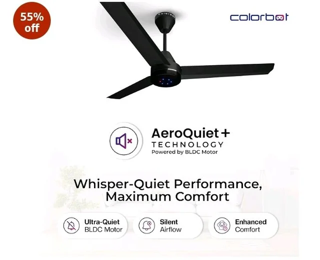 Colorbot Stella BLDC Ceiling Fans 1200mm | BEE 5 Star Rated Power Saver | AeroQuiet+ Technology | 370 RPM | Remote Control (Boost, Timer, LED, Reverse Mode) | 4 Years Warranty (Charcoal Black)