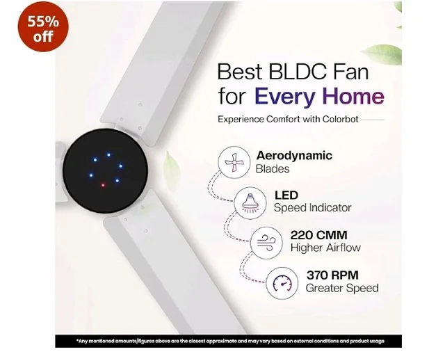 Colorbot Stella BLDC Ceiling Fans 1200mm | BEE 5 Star Rated Power Saver | AeroQuiet+ Technology | 370 RPM | Remote Control (Boost, Timer, LED, Reverse Mode) | 4 Years Warranty (Arctic White)