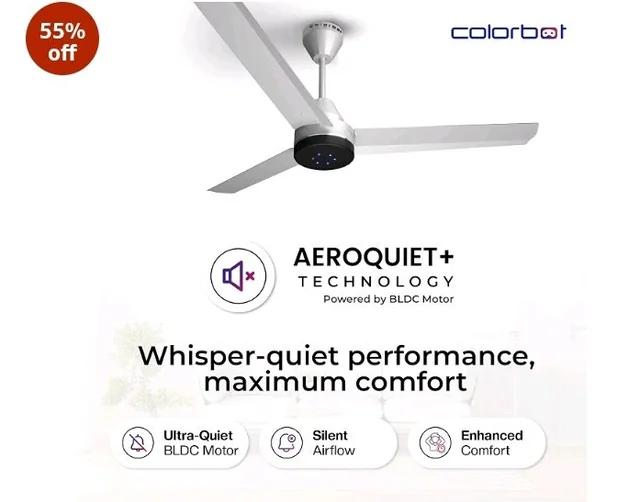 Colorbot Stella BLDC Ceiling Fans 1200mm | BEE 5 Star Rated Power Saver | AeroQuiet+ Technology | 370 RPM | Remote Control (Boost, Timer, LED, Reverse Mode) | 4 Years Warranty (Arctic White)