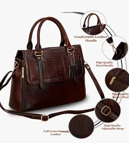 HYATT Leather Accessories Natural Leather Top-Handle satchel Tote Ladies Handbags & Shoulder Sling Bags For Women Office Branded Stylish Latest Size-L-12 X H-10.5 x W- 5.5 Inches (BLACK)