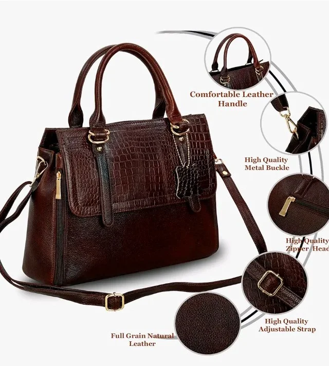 HYATT Leather Accessories Natural Leather Top-Handle satchel Tote Ladies Handbags & Shoulder Sling Bags For Women Office Branded Stylish Latest Size-L-12 X H-10.5 x W- 5.5 Inches (BLACK)