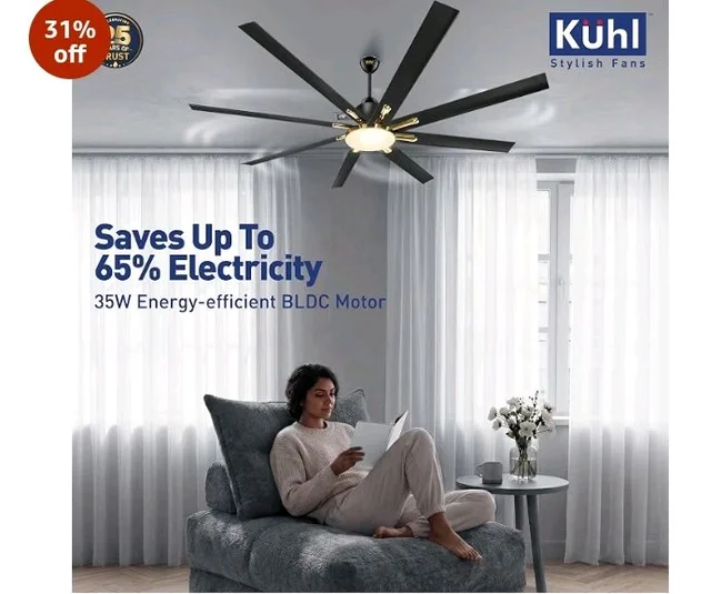 KUHL Polariz Gold 72 1800mm Stylish 65% Power Saving BLDC Ceiling Fan With Remote |Down Light|Low Noise| IoT -Operate via Mobile & Alexa |Reverse Mode|Free Installation |Black