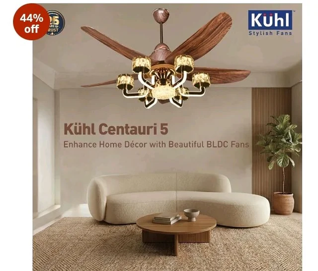 KUHL Centauri 5 1320mm BEE 5-Star BLDC Ceiling Fan with Chandelier&Remote | 38W Power Saving (Upto 65%)| High Airflow&Low Noise| Smart IoT| Reverse Mode| Free Installation| 5Year Motor Warranty (Teak)