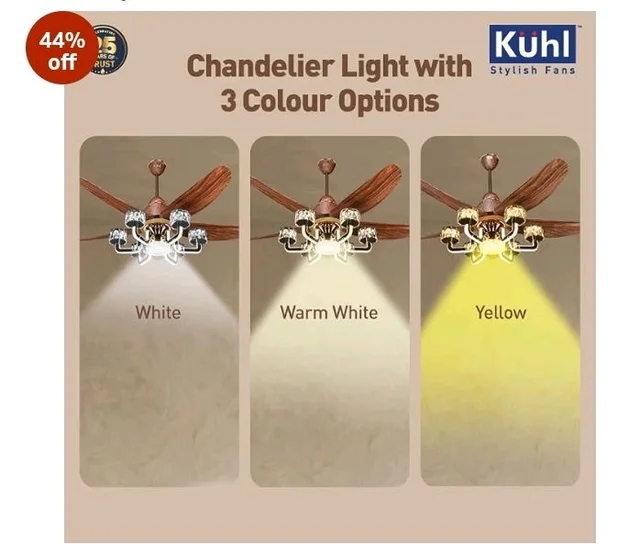 KUHL Centauri 5 1320mm BEE 5-Star BLDC Ceiling Fan with Chandelier&Remote | 38W Power Saving (Upto 65%)| High Airflow&Low Noise| Smart IoT| Reverse Mode| Free Installation| 5Year Motor Warranty (Teak)