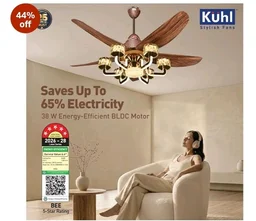 KUHL Centauri 5 1320mm BEE 5-Star BLDC Ceiling Fan with Chandelier&Remote | 38W Power Saving (Upto 65%)| High Airflow&Low Noise| Smart IoT| Reverse Mode| Free Installation| 5Year Motor Warranty (Teak)