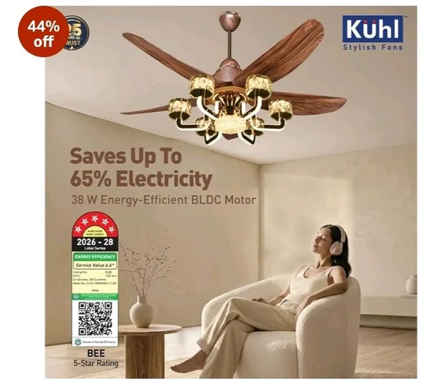 KUHL Centauri 5 1320mm BEE 5-Star BLDC Ceiling Fan with Chandelier&Remote | 38W Power Saving (Upto 65%)| High Airflow&Low Noise| Smart IoT| Reverse Mode| Free Installation| 5Year Motor Warranty (Teak)