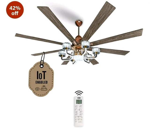 KUHL Centauri 8 1800mm BLDC Ceiling Fan with Chandelier & Remote | 35W Power Saving (Upto 65%) | High Airflow & Low Noise | Smart IoT | Reverse Mode | Free Installation | 5Year Motor Warranty (Teak)