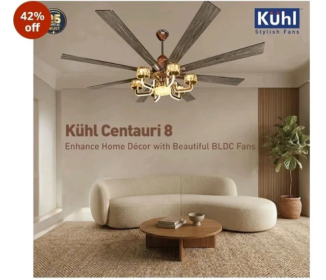 KUHL Centauri 8 1800mm BLDC Ceiling Fan with Chandelier & Remote | 35W Power Saving (Upto 65%) | High Airflow & Low Noise | Smart IoT | Reverse Mode | Free Installation | 5Year Motor Warranty (Teak)