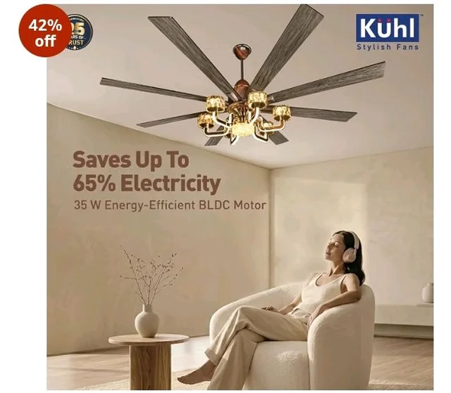 KUHL Centauri 8 1800mm BLDC Ceiling Fan with Chandelier & Remote | 35W Power Saving (Upto 65%) | High Airflow & Low Noise | Smart IoT | Reverse Mode | Free Installation | 5Year Motor Warranty (Teak)