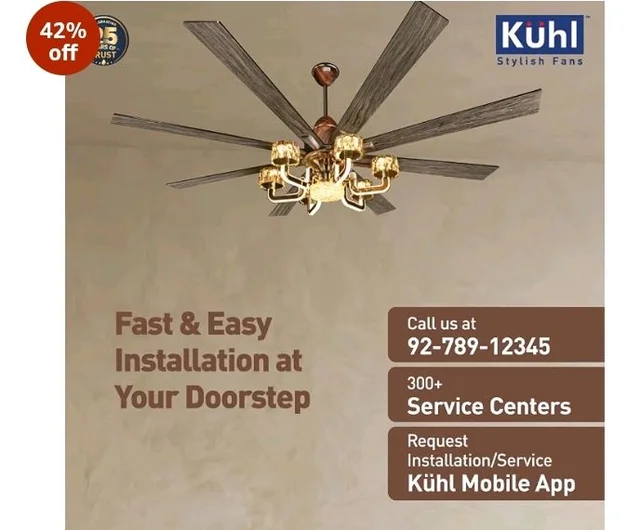 KUHL Centauri 8 1800mm BLDC Ceiling Fan with Chandelier & Remote | 35W Power Saving (Upto 65%) | High Airflow & Low Noise | Smart IoT | Reverse Mode | Free Installation | 5Year Motor Warranty (Teak)