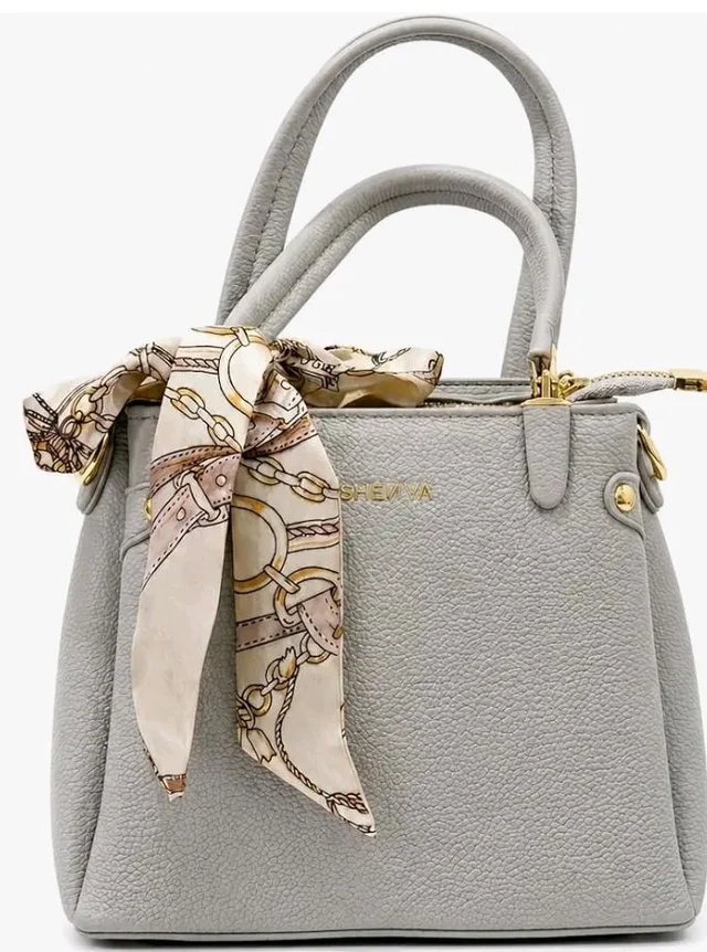 FauxLeather Handbag for Women with Detachable Scarf, Grey | Dual Top Handles, Detachable Crossbody Strap, Gold-Tone Hardware, Tote & Satchel Style, Office & Party Use