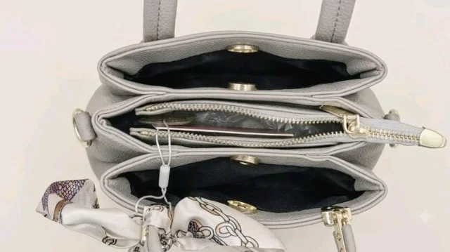 FauxLeather Handbag for Women with Detachable Scarf, Grey | Dual Top Handles, Detachable Crossbody Strap, Gold-Tone Hardware, Tote & Satchel Style, Office & Party Use
