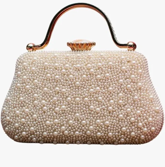 Artklim White Pearl Party Clutch Bag for Women with Detachable Strap