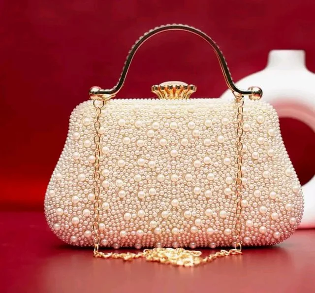 Artklim White Pearl Party Clutch Bag for Women with Detachable Strap