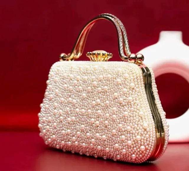 Artklim White Pearl Party Clutch Bag for Women with Detachable Strap