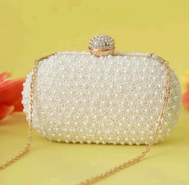 THE TAN CLAN Asad All White Pearl Hand Embroidered Clutches for Women Purses Luxury Evening Handbags for Ladies