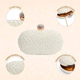 THE TAN CLAN Asad All White Pearl Hand Embroidered Clutches for Women Purses Luxury Evening Handbags for Ladies