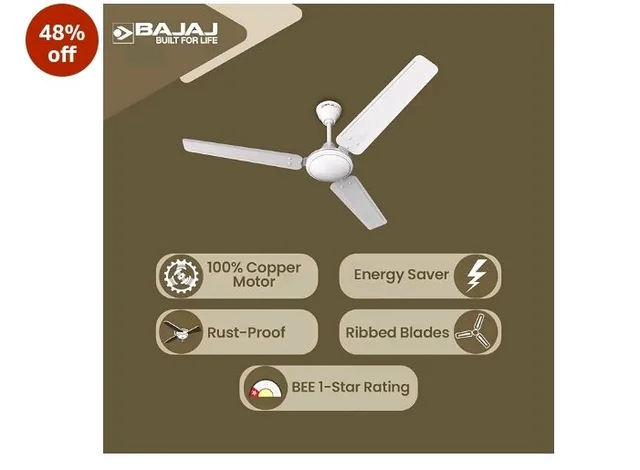 Bajaj Frore 1200 MM (48") Stars Rated Ceiling Fans for Home | BEE 1 star Rated Energy Efficient Ceiling Fan | Rust Free Coating for Long Life | High Air Delivery | 2-Yr Warranty 【White】