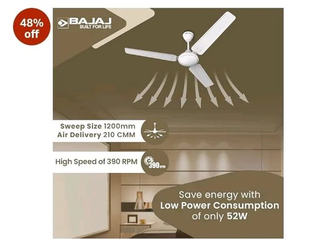 Bajaj Frore 1200 MM (48") Stars Rated Ceiling Fans for Home | BEE 1 star Rated Energy Efficient Ceiling Fan | Rust Free Coating for Long Life | High Air Delivery | 2-Yr Warranty 【White】