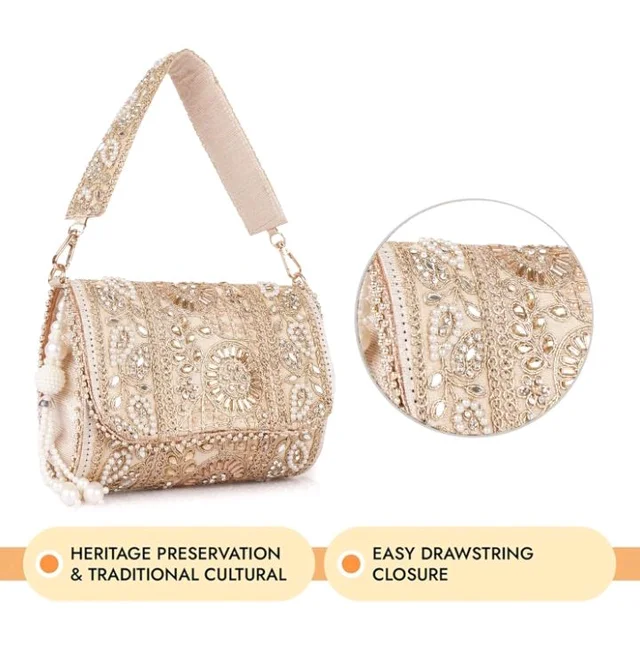 PLANX Velvet SilK Stylish Embroidery Unique Design Trendy Traditional Wedding Party Handheld Potli Bag For Women