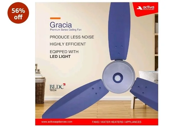 ACTIVA Gracia 1200mm Ceiling Fan with LED Light | 5 Star Energy Saving BLDC Motor | Remote Control, Reversible Mode & Timer | 3 Blade High Speed Ceiling Fan | 4 Year Warranty | Sparkle Blue