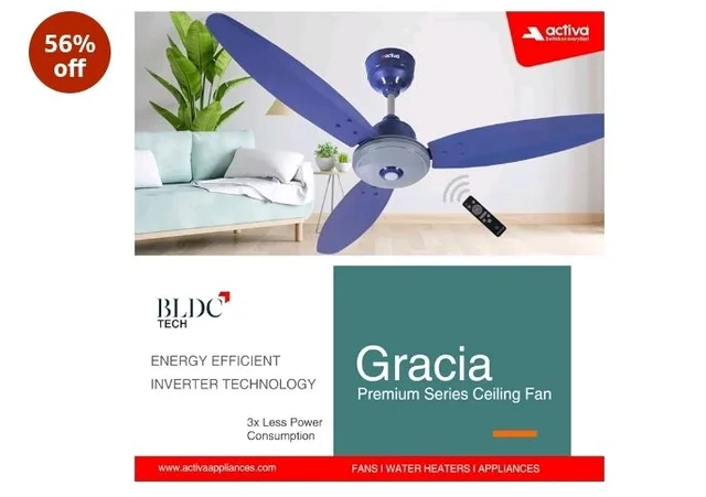 ACTIVA Gracia 1200mm Ceiling Fan with LED Light | 5 Star Energy Saving BLDC Motor | Remote Control, Reversible Mode & Timer | 3 Blade High Speed Ceiling Fan | 4 Year Warranty | Sparkle Blue