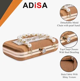 ADISA Beaded formal party clutch with gold chain for women and girls (CL108)