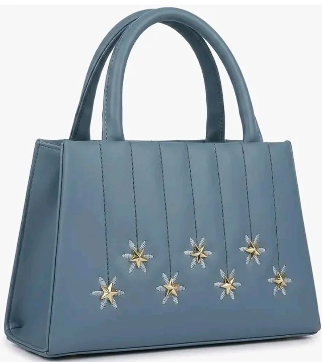 Slate-Blue Top-Handle Bag, Vegan Leather, Gold Star Embellishments, Quilted Stitching, Detachable Shoulder Strap, 23x14x8 cm
